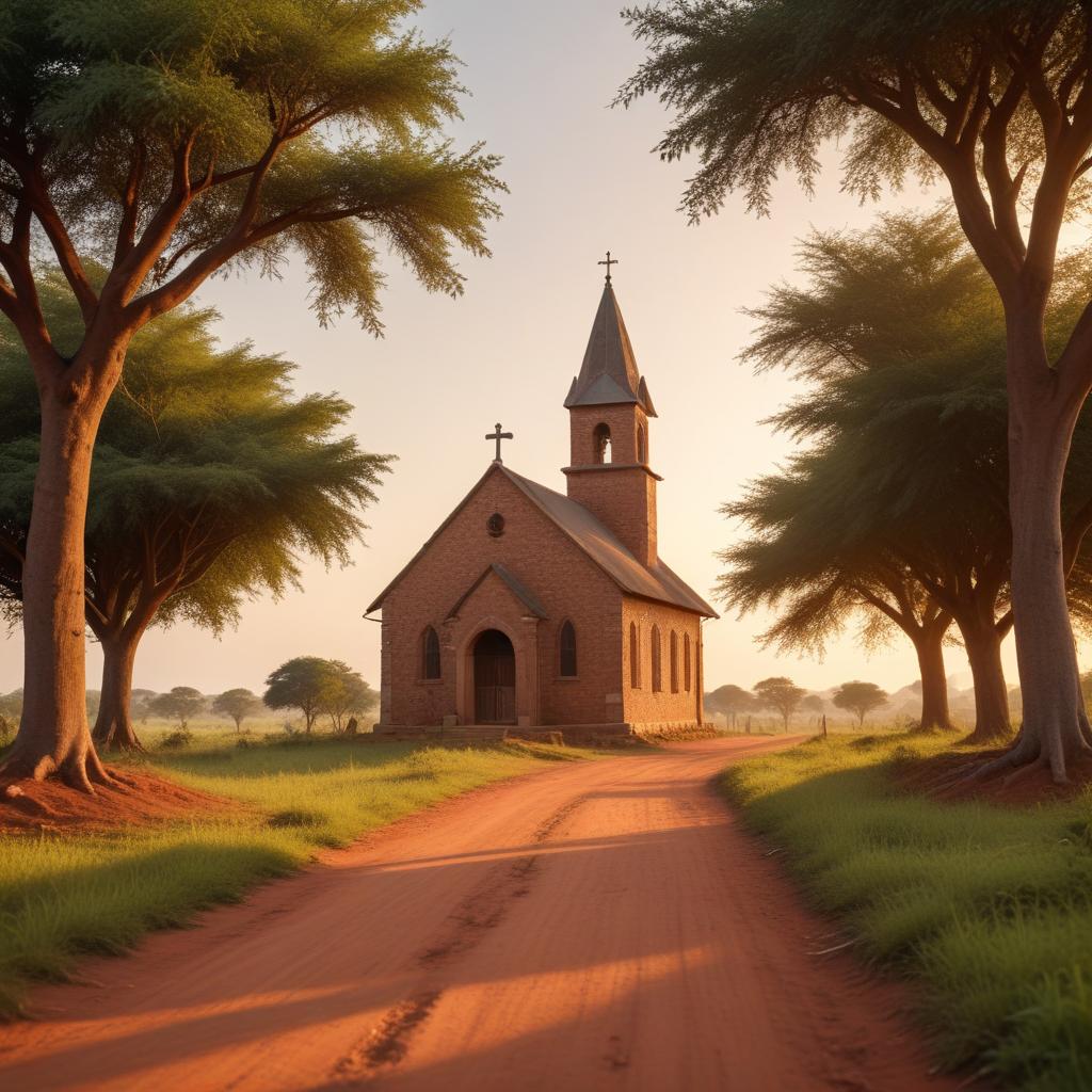 A small stone church in a rural African village at golden sunset